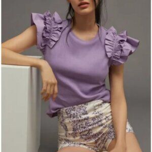 Anthropologie Purple‎ Ruffle Sleeve Tee – Size XXS (NWT)
